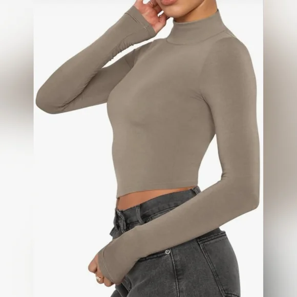 ReoRia Khaki Mock Turtleneck Women's 2XL Ribbed Tight T-shirt Crop Top L/S, NEW - Picture 7 of 9